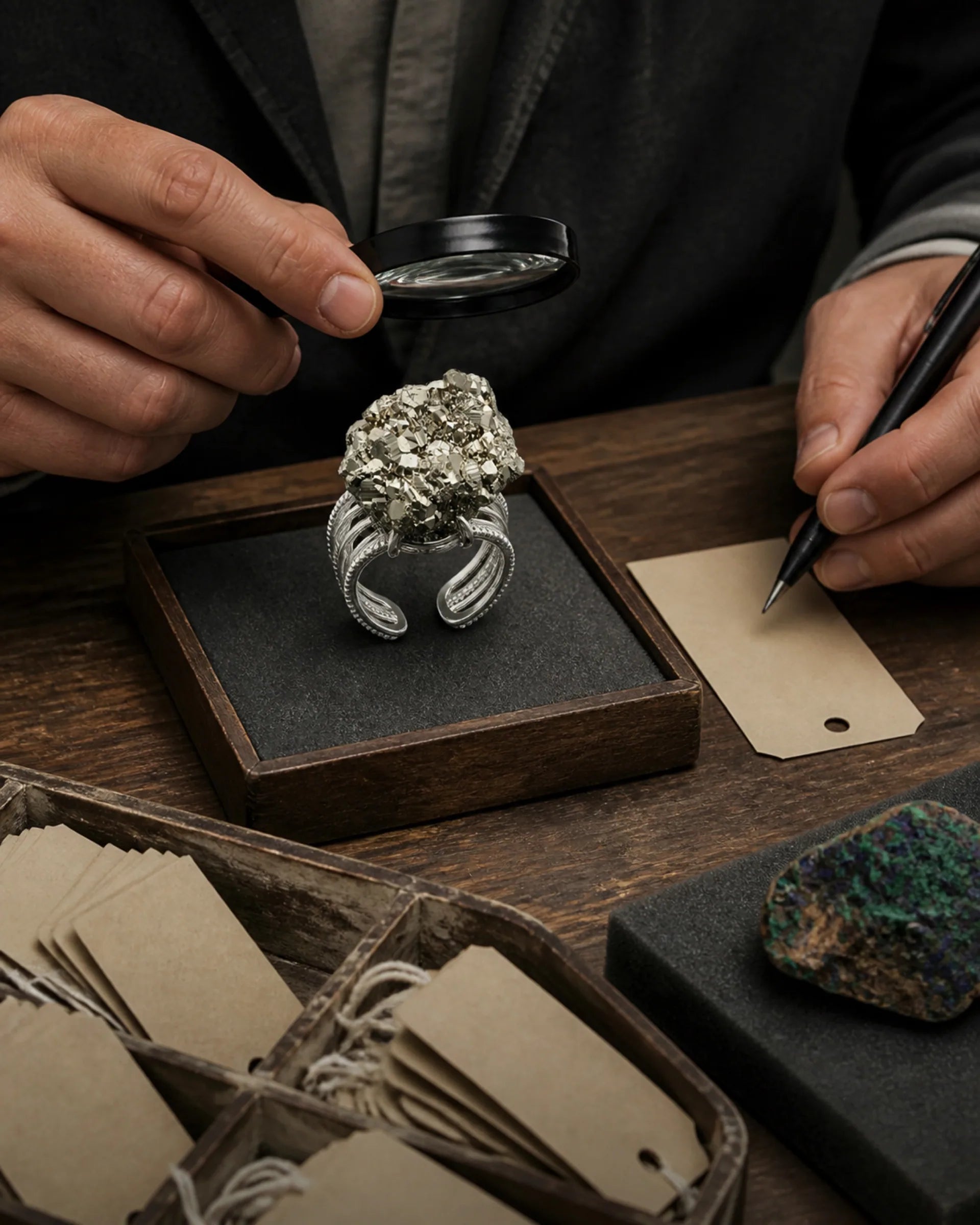 An Orelumia selector studies a mineral surface and records its archive number.