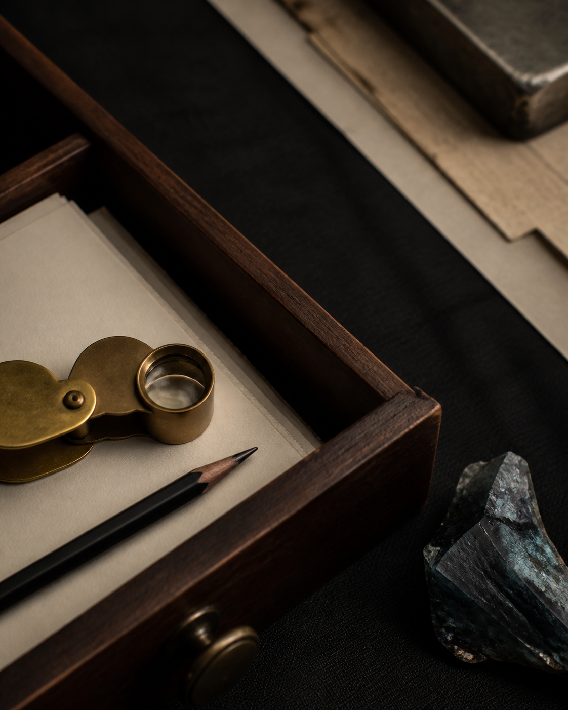 Orelumia archival field drawer, loupe, pencil, and mineral study scene.
