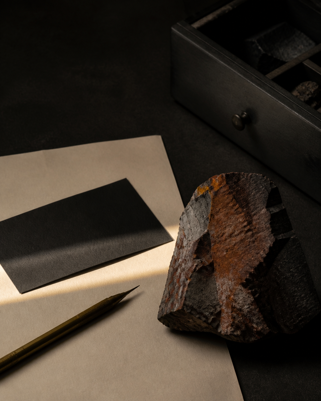 Orelumia Ember chapter mineral archive still life.