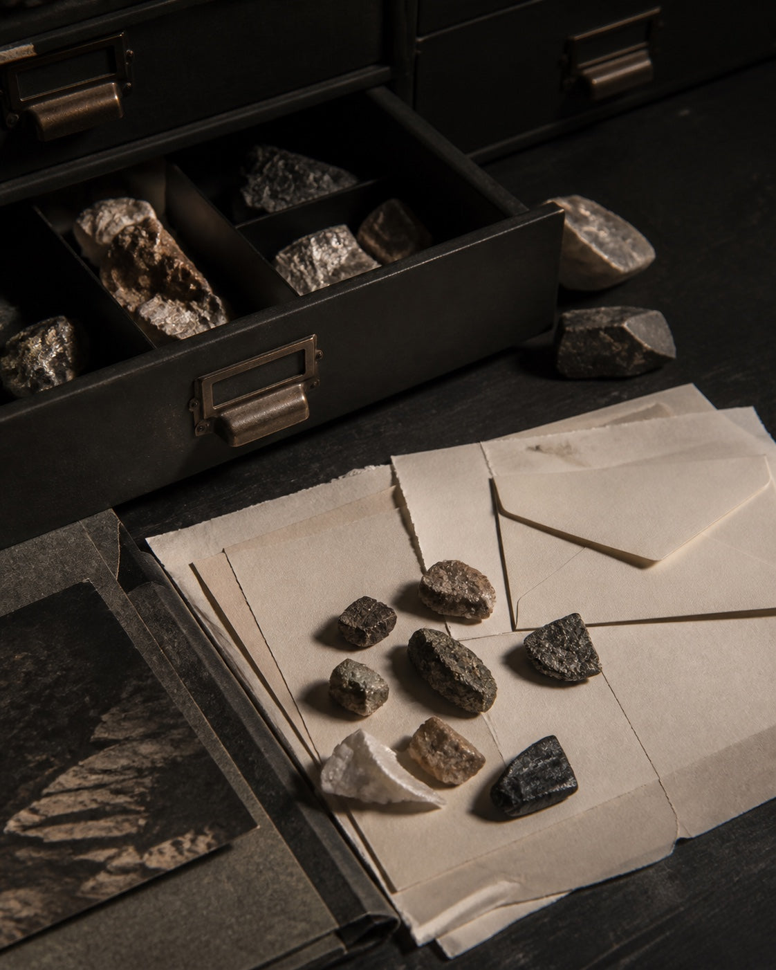 An open wooden drawer with mineral fragments arranged for The Hearth chapter.