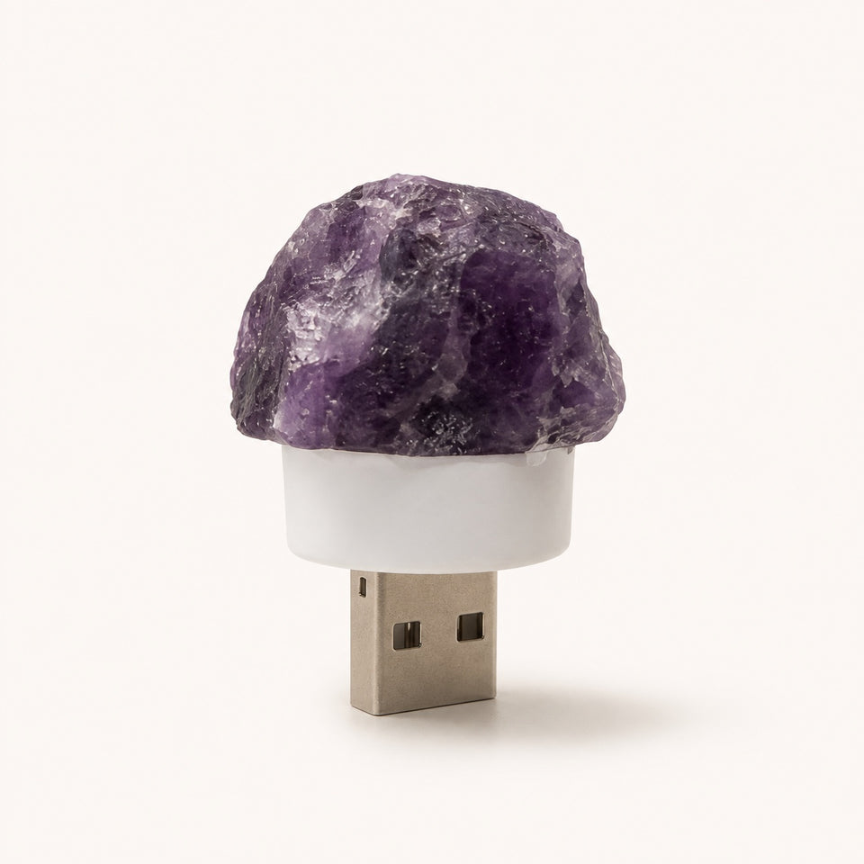 Amethyst raw crystal USB night light unplugged with one USB-A plug visible
