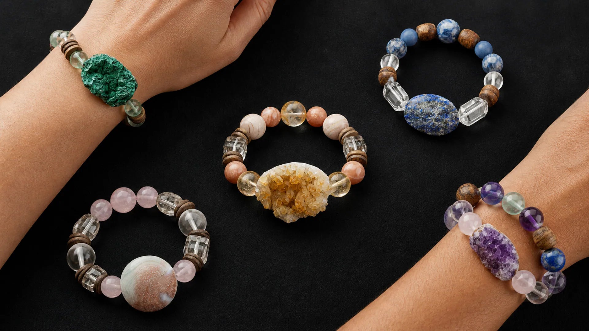 Five Orelumia bracelets shown close to the pulse.