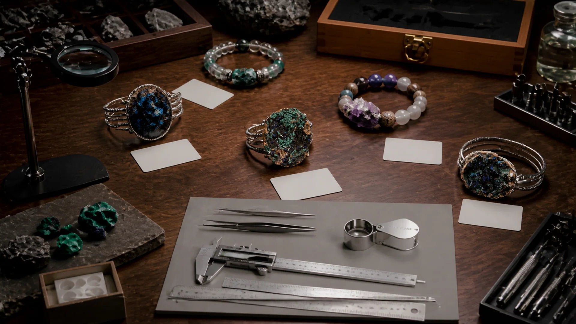 Orelumia rings recorded beside measuring tools on the archive worktable.