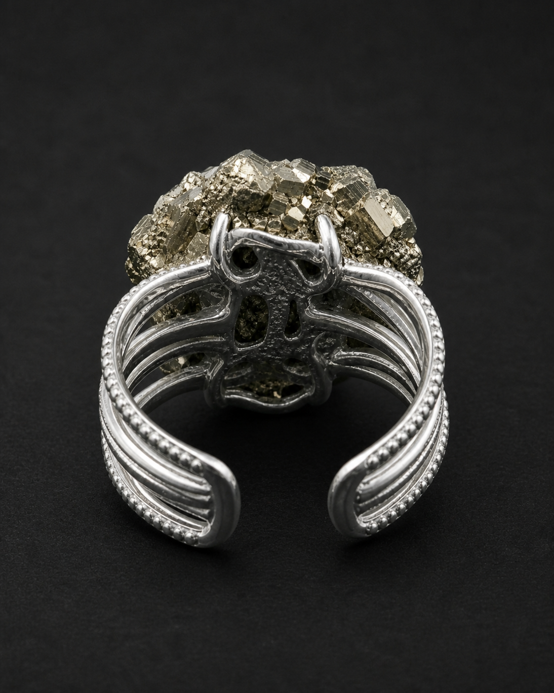Bright Finder Ring — JR01-013 — verified underside construction view showing the open multi-strand cuff shank