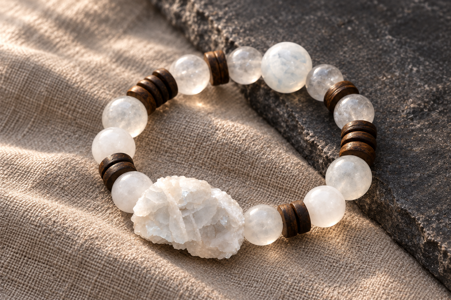 Frost Cluster Bracelet crossing warm linen and charcoal stone in soft window light