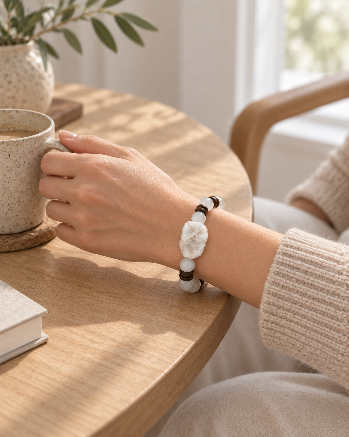 Frost Cluster Bracelet worn in a wider everyday scene beside a stoneware cup