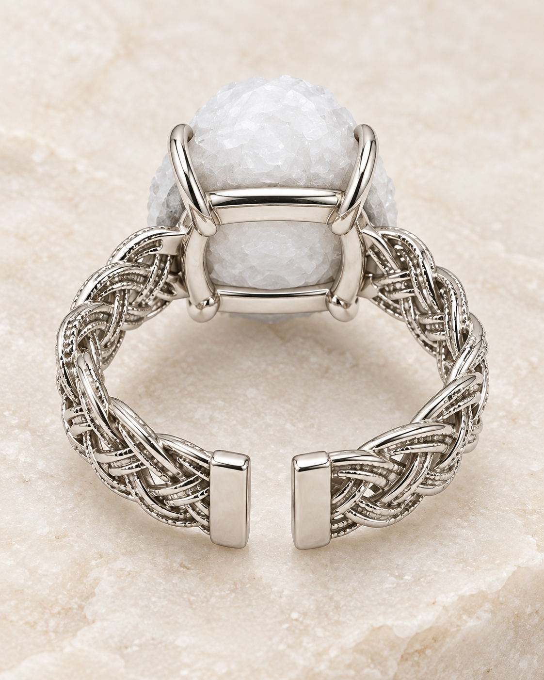 Centered rear view of the Frost Cluster Ring showing the open braided shank, square end caps, four prongs, and support bars