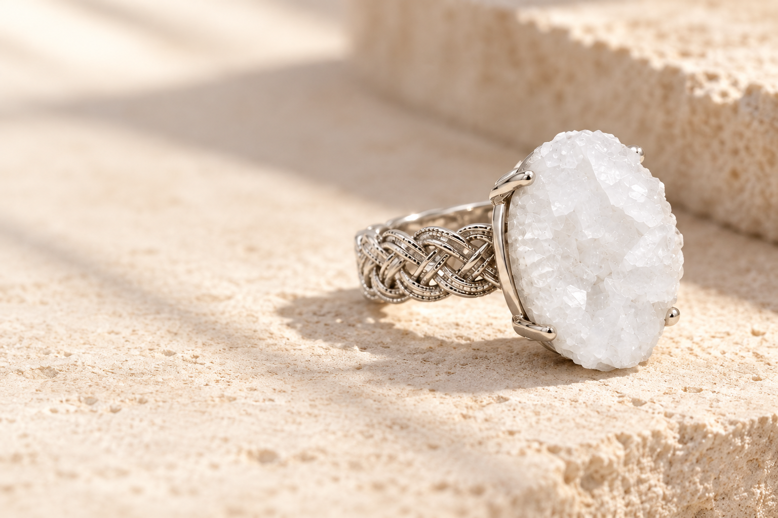 Frost Cluster Ring on pale limestone in window light, showing its white calcite face and braided shoulder