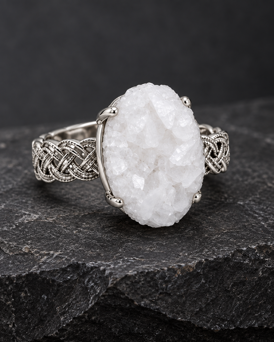 Frost Cluster Ring upright on charcoal mineral stone with its white calcite face, four-prong setting, and braided open shank fully visible