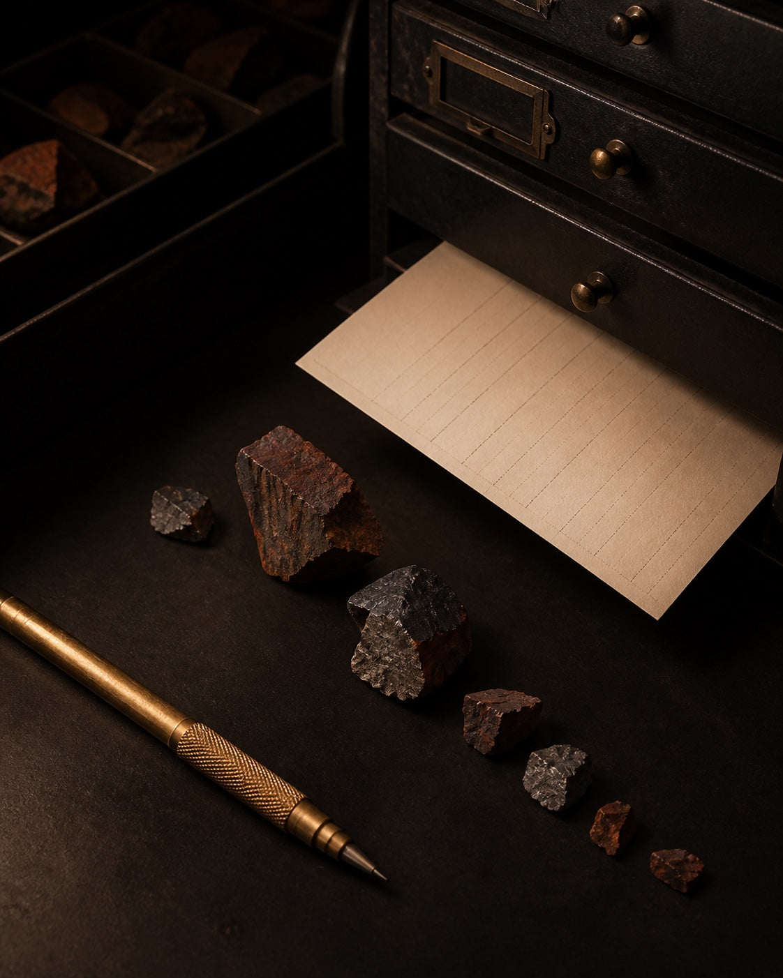 Rust-toned mineral fragments arranged for The Ember chapter.