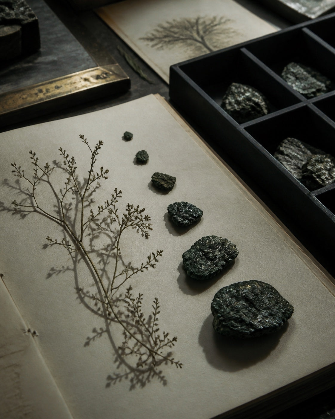 A branching botanical specimen and mineral fragments arranged for The Grove chapter.