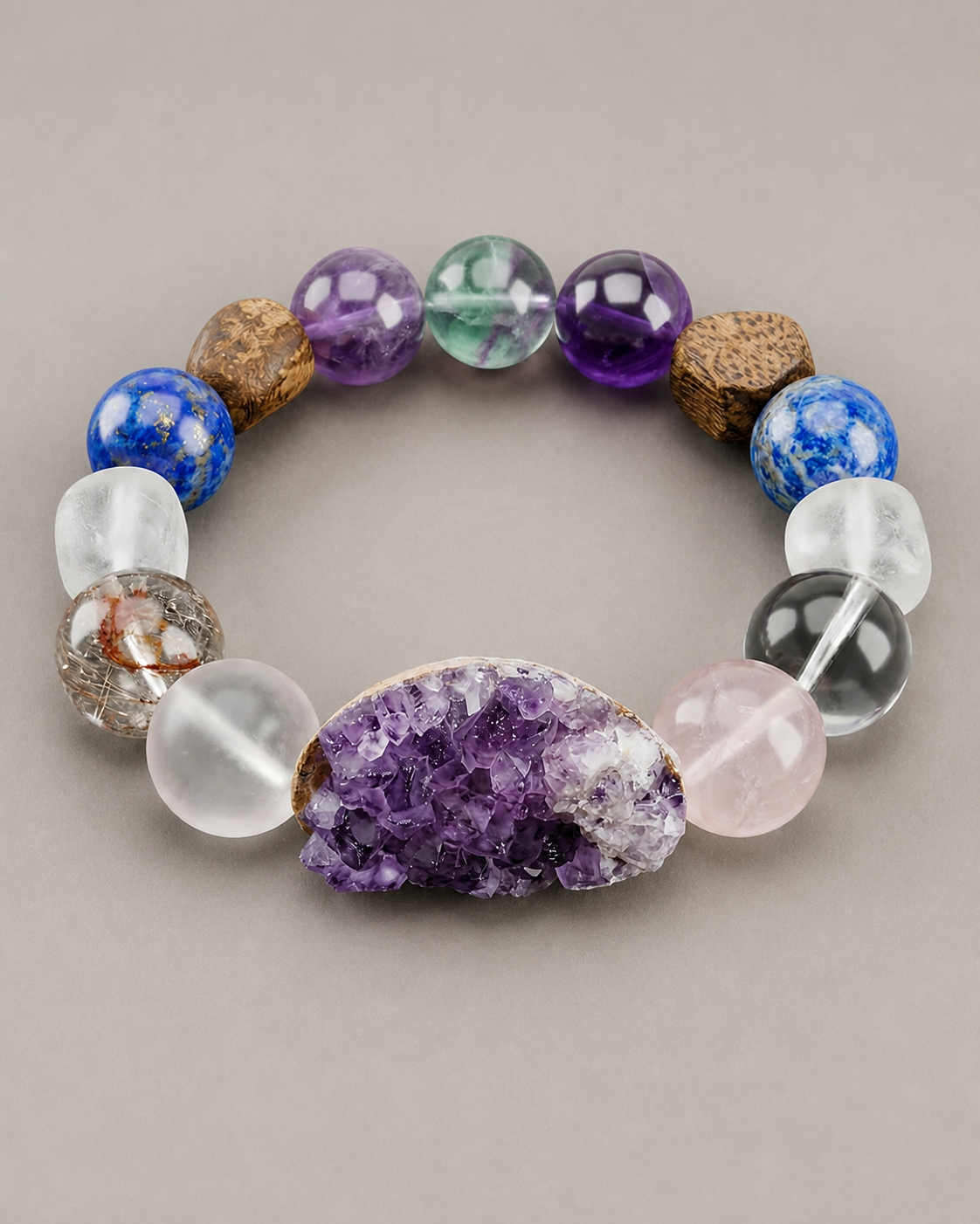 Violet Compass Bracelet No. 018 mineral, bead, and wood detail.